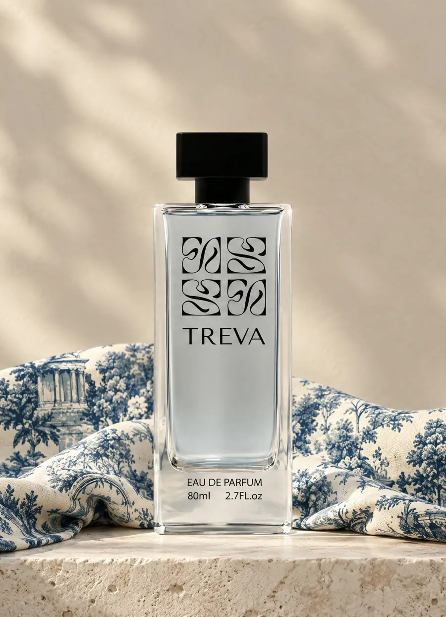 Treva Mar Tirreno bottle on pale stone with blue toile linen gathered at its base