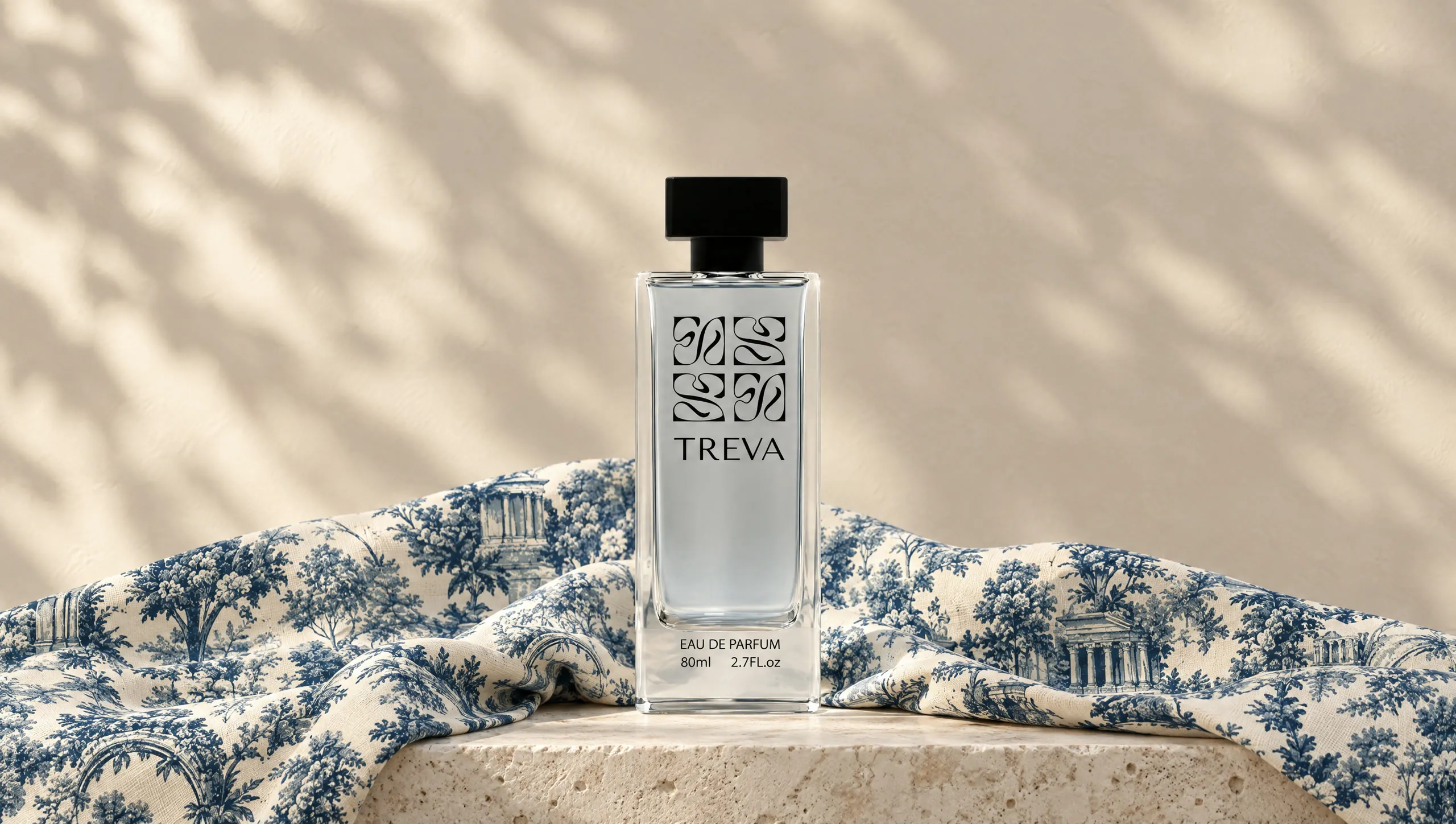 A Treva bottle on toile cloth