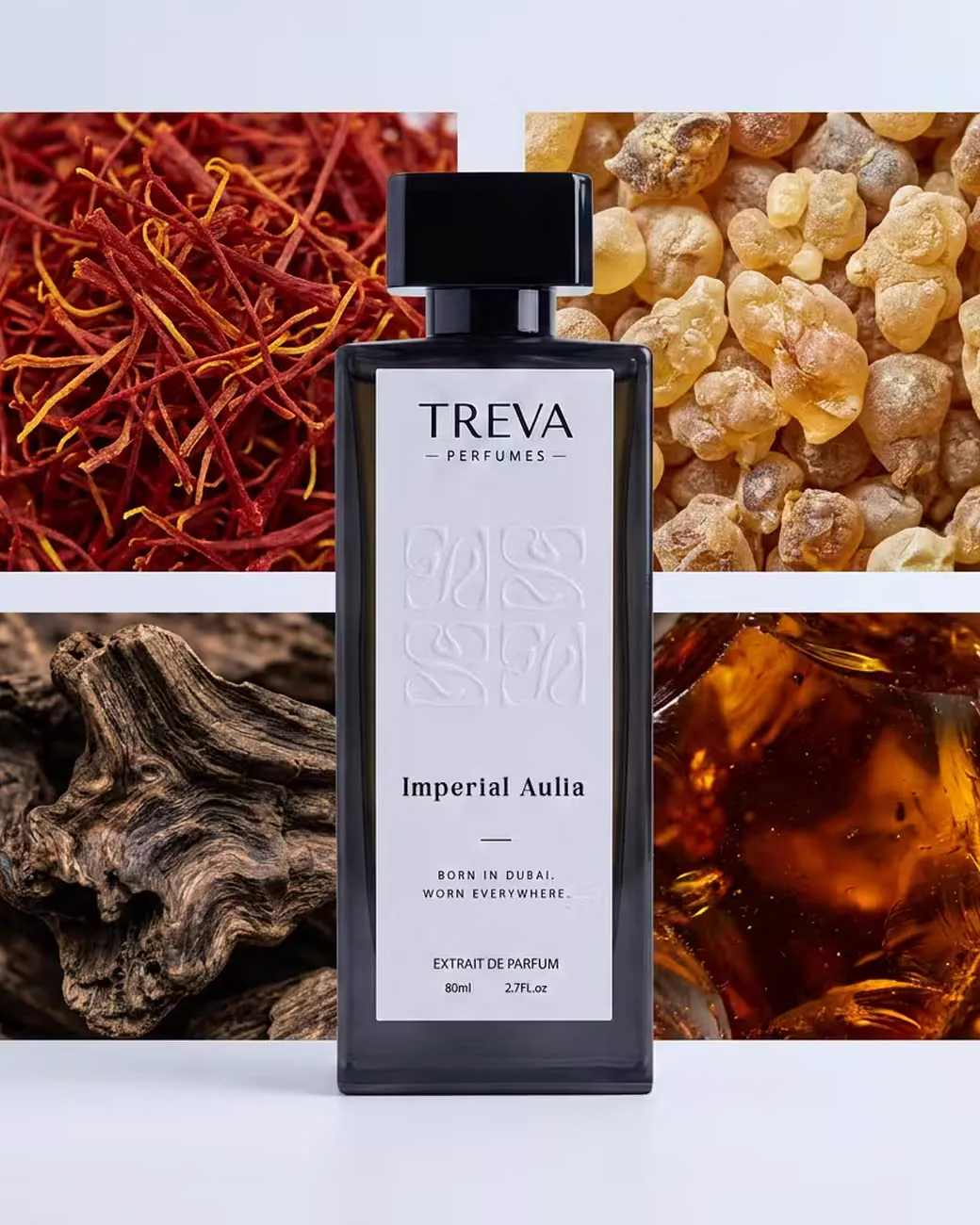 The notes of Treva Imperial Aulia: Saffron, Plum, Frankincense, Rose, Oud, Amber, Sandalwood
